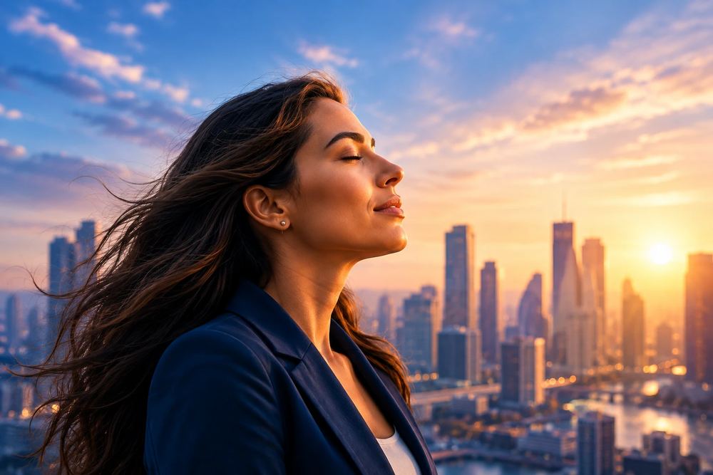 Mujer con los ojos cerrados respirando frente al skyline al amanecer