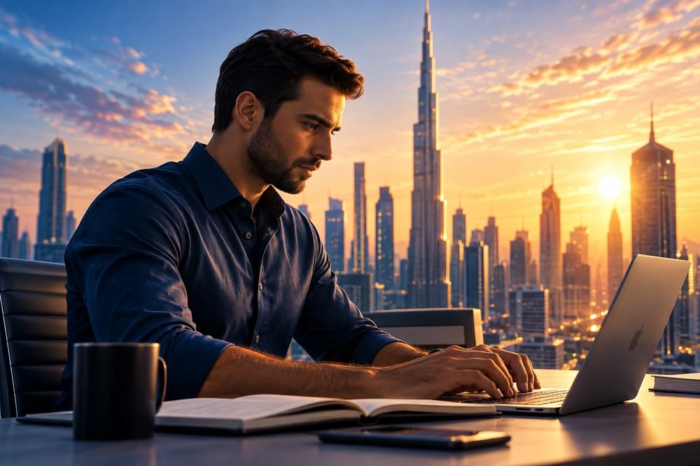 Hombre concentrado trabajando en su laptop con la ciudad al fondo