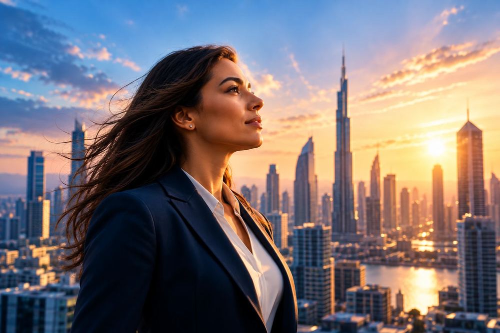 Mujer mirando hacia el skyline con confianza