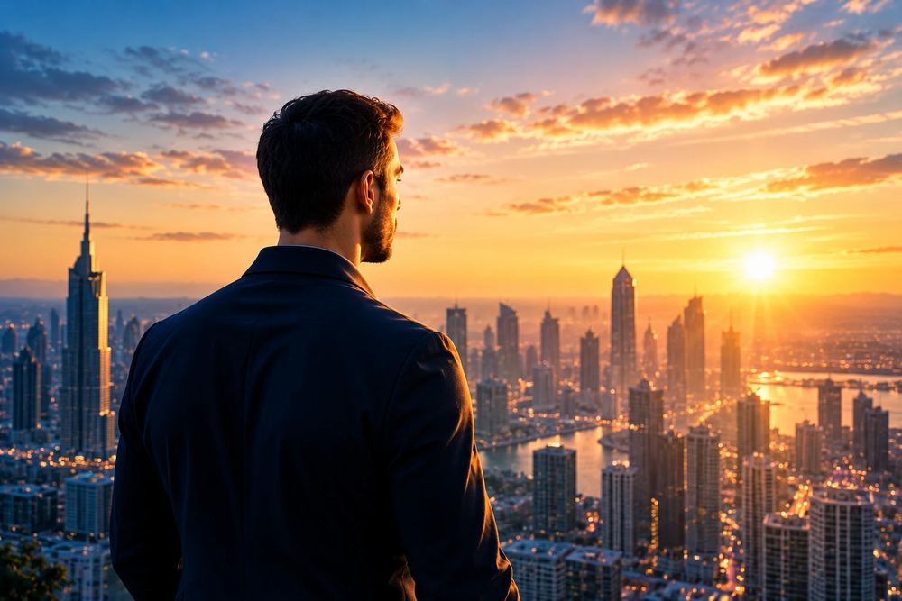 Hombre de espaldas observando la ciudad al atardecer
