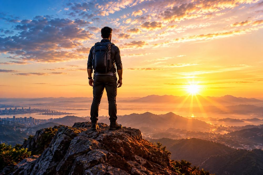 Persona en la cumbre de una montaña contemplando la ciudad al amanecer