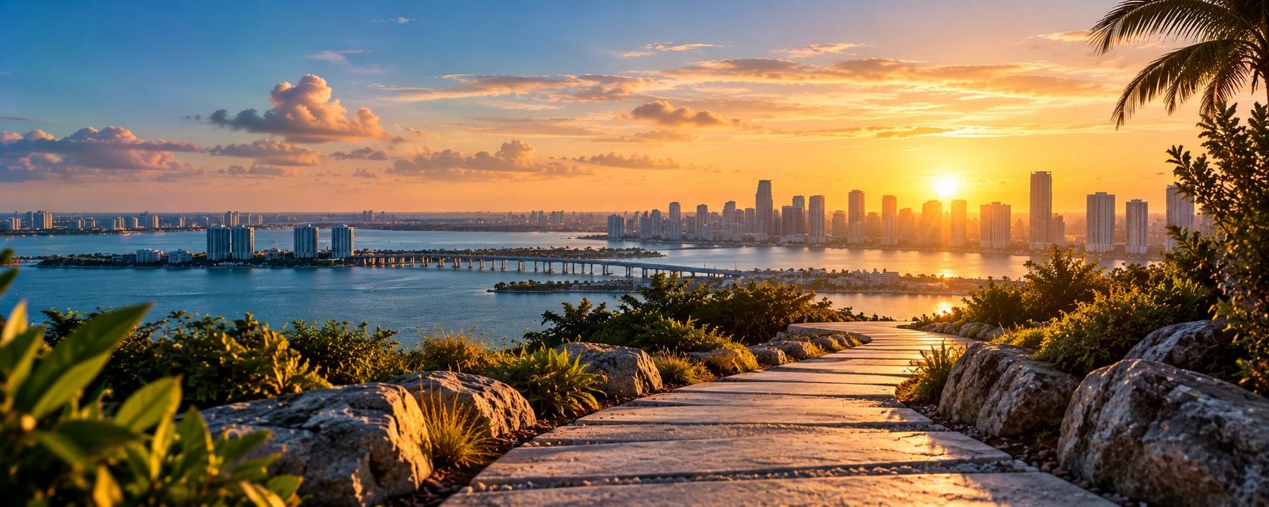 Camino de piedra hacia el skyline de Miami y la bahía al amanecer