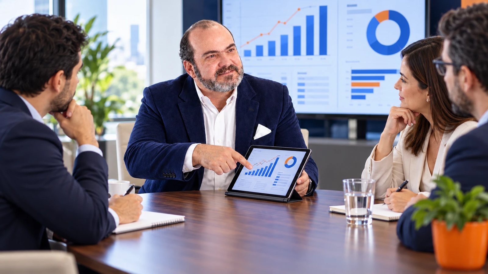 Mentor mostrando en una tablet las gráficas de crecimiento patrimonial a sus clientes