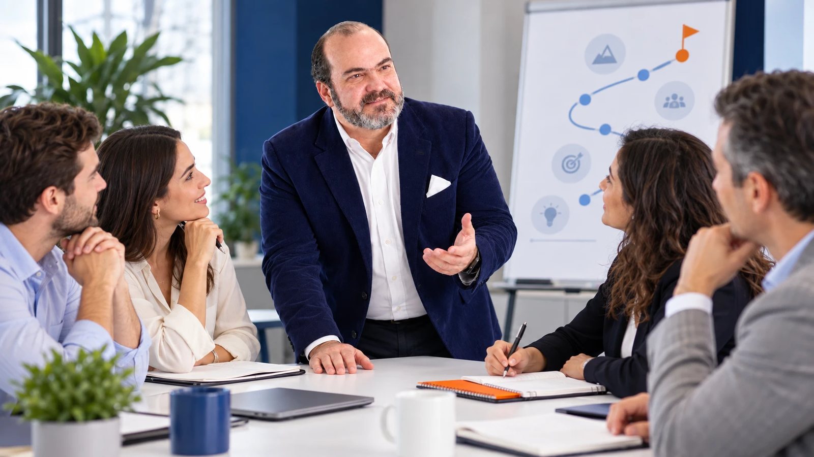 Mentor de pie guiando a un equipo de profesionales frente a un rotafolio con la ruta hacia la meta